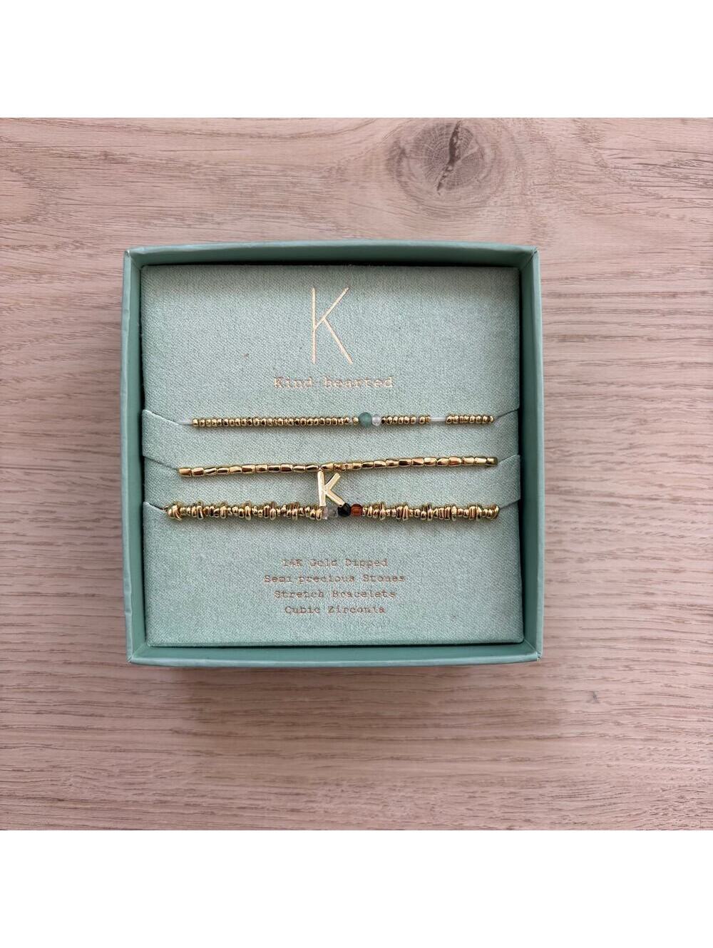 A New Day NWT 14k Gold Dipped Bracelet Stack "K" Stretch Semi Precious Stones